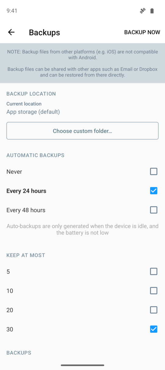 Android backup settings with automatic backups and a choice of backup folder