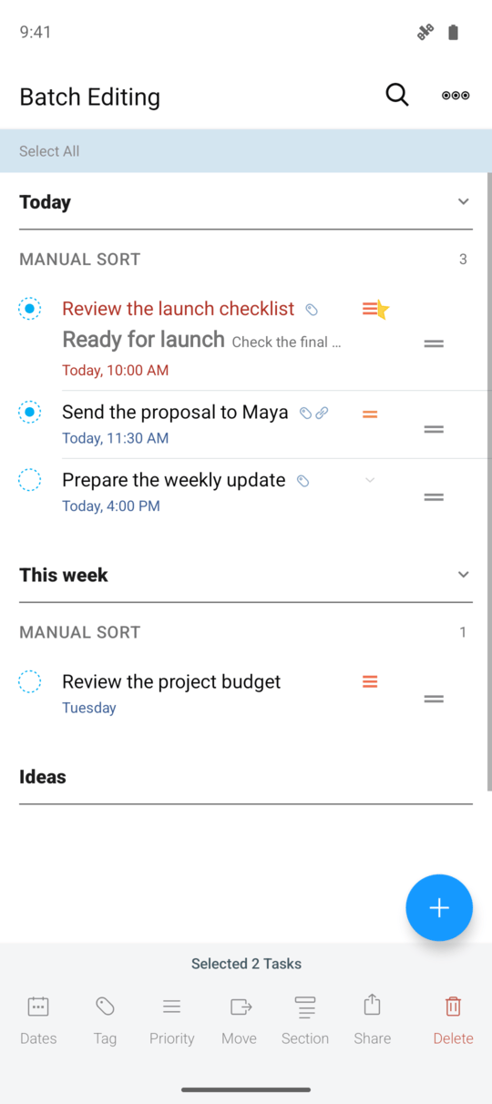 Two Android tasks selected with controls for dates, tags, priority, moving, and sections
