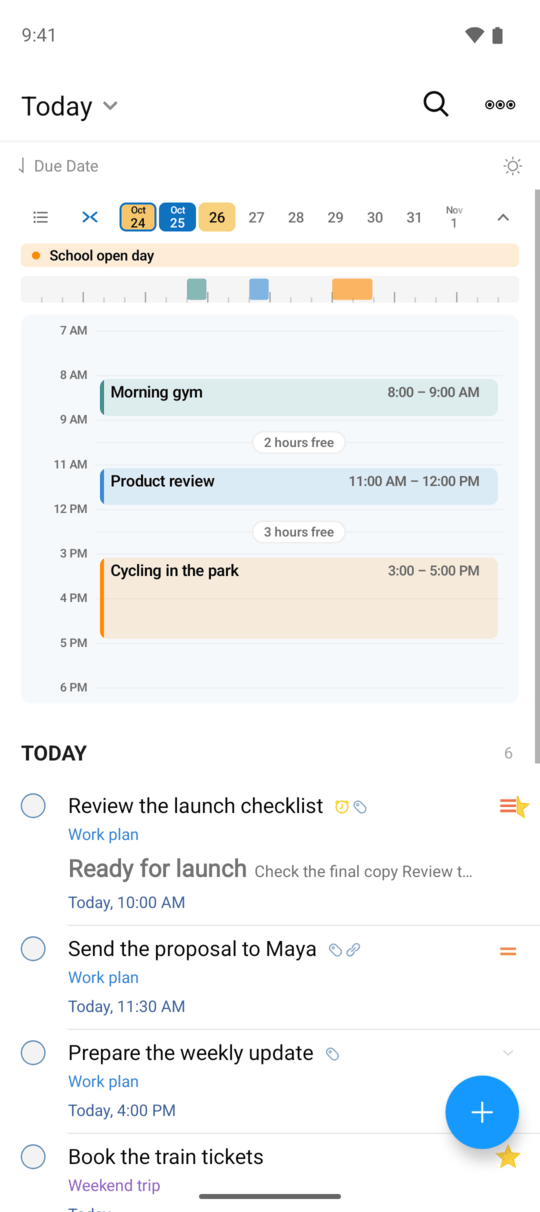Calendar appointments in a day timeline above tasks in 2Do for Android