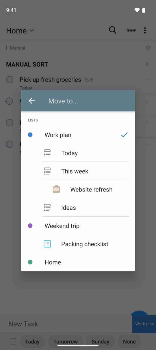 The destination picker with Work plan sections, the Website refresh project nested inside This week, and a Packing checklist under Weekend trip