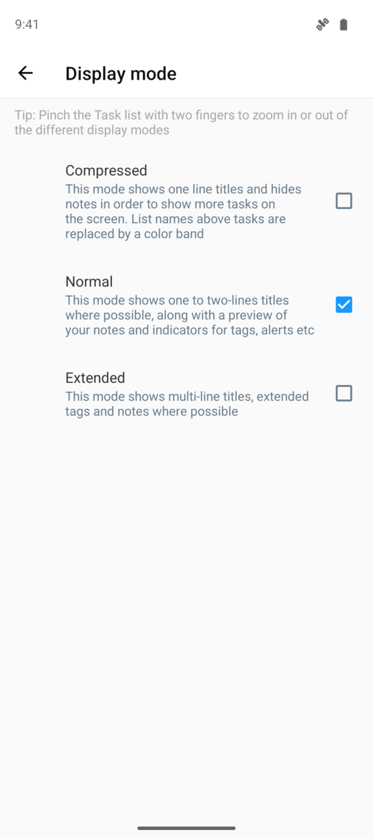 Android display modes with descriptions of Compressed, Normal, and Extended task rows