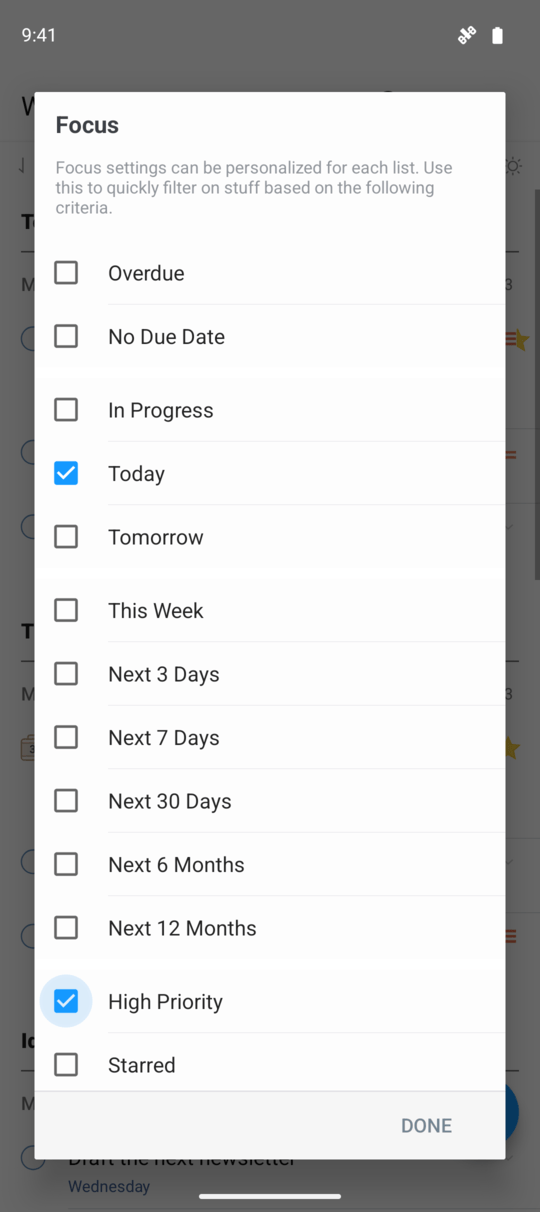 Android Focus settings with Today and High Priority selected