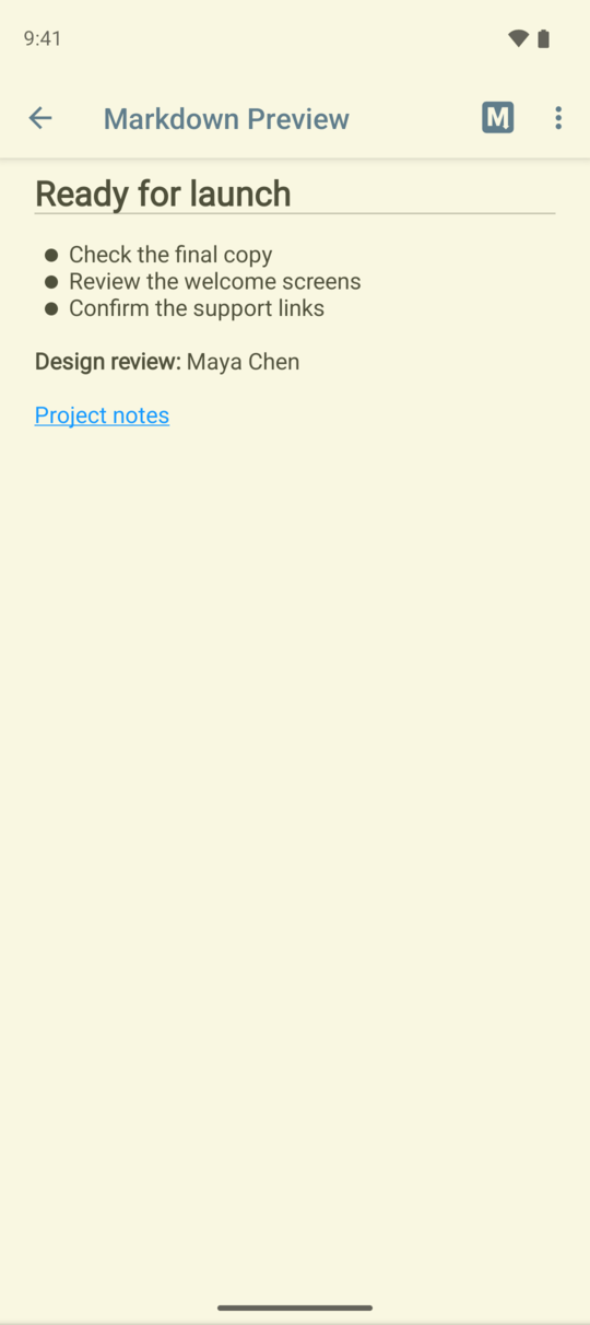 Markdown Preview displaying the Ready for launch heading, a bulleted list, bold Design review text, and a Project notes link