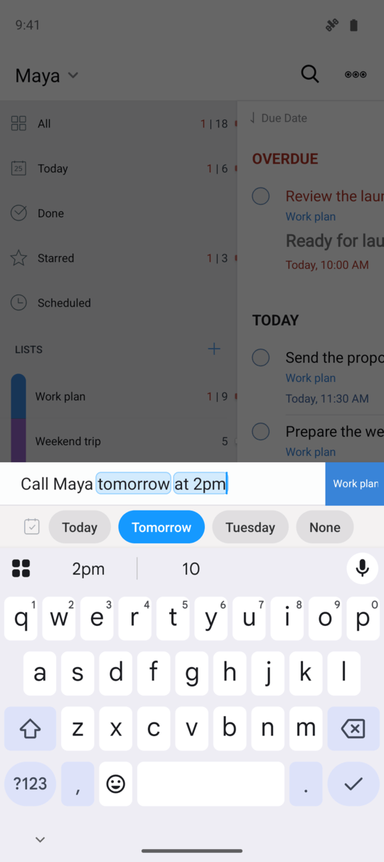 Quick Add recognizing tomorrow and 2 PM in a new task title