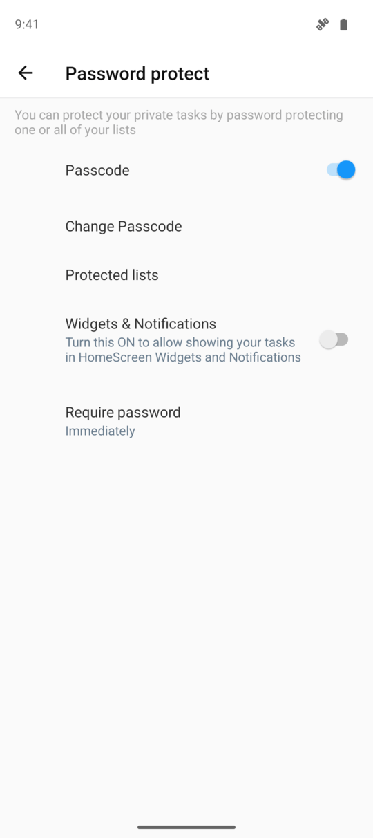 Android passcode protection settings with controls for protected lists, widgets, notifications, and lock timing
