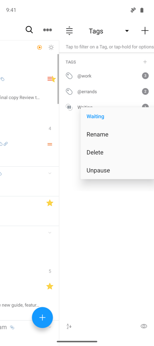 A paused Waiting tag with the Unpause command in its menu
