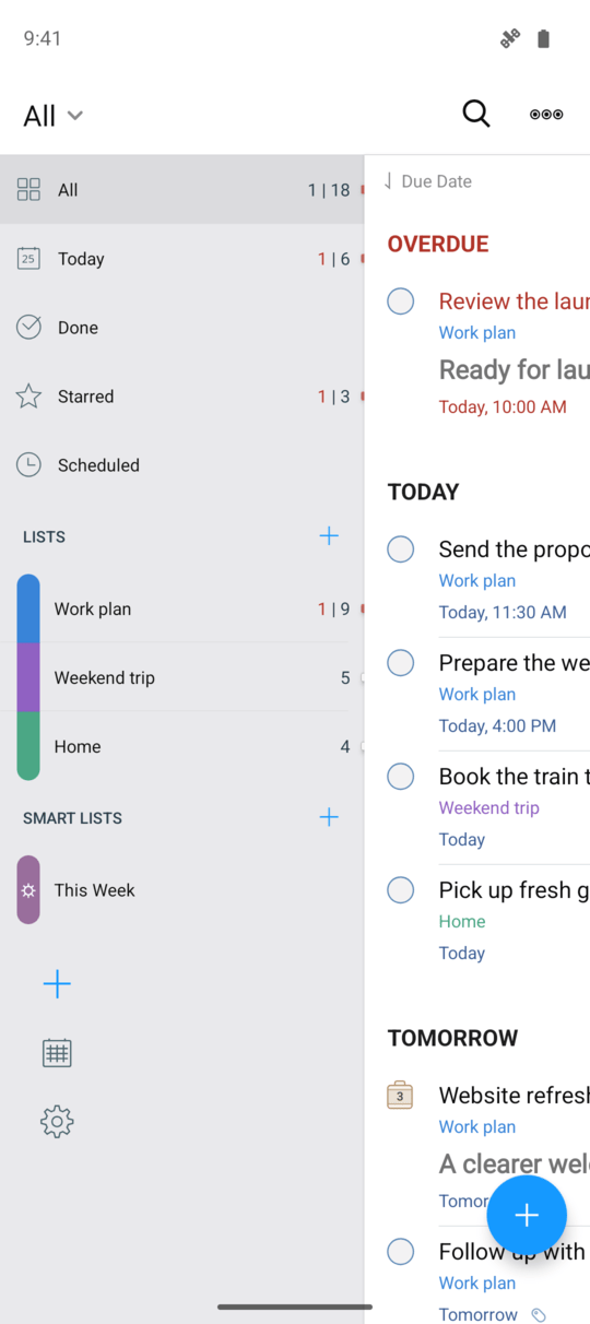 The Lists panel beside fictional tasks in 2Do for Android