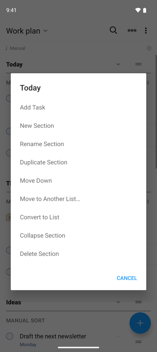 The Today section menu with Add Task, New Section, rename, duplicate, move, convert, collapse, and delete commands