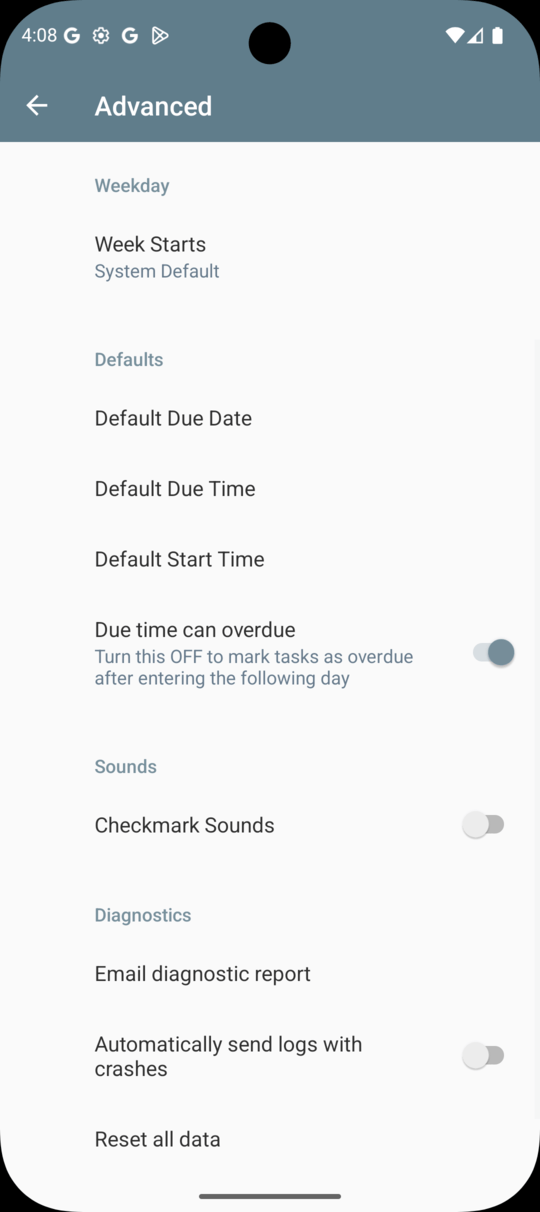 2Do Android Advanced Options — continued