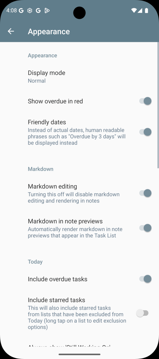 2Do Android Appearance settings
