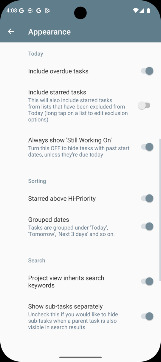2Do Android Appearance — More settings