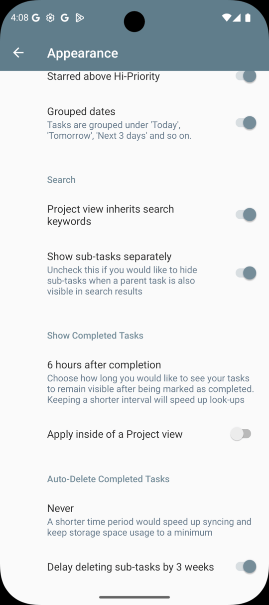 2Do Android Appearance — More settings continued