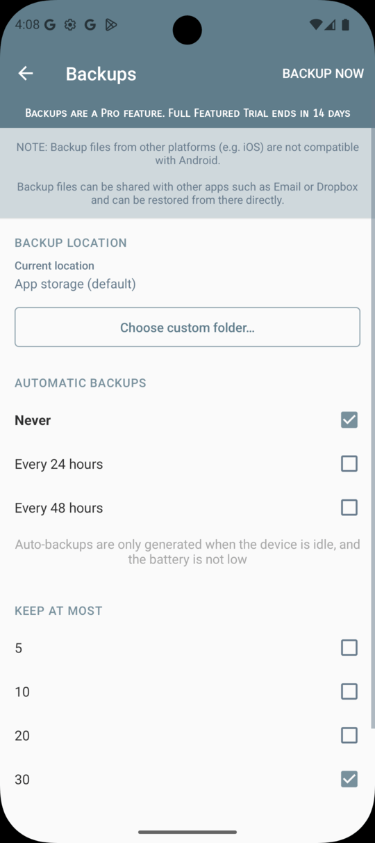 2Do Android Manage Backups settings