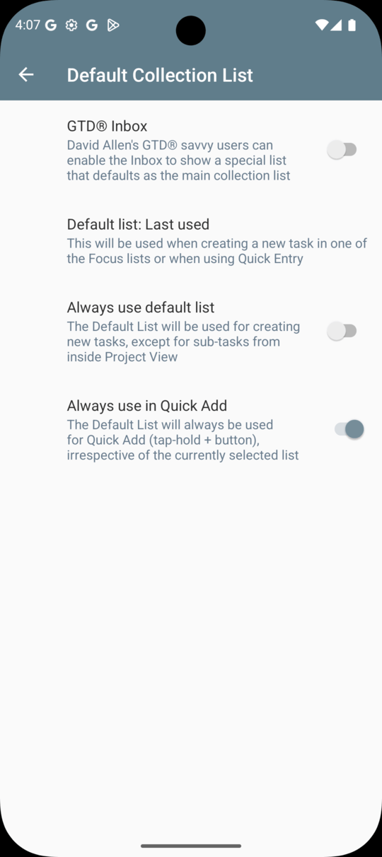 2Do Android Default Collection List settings