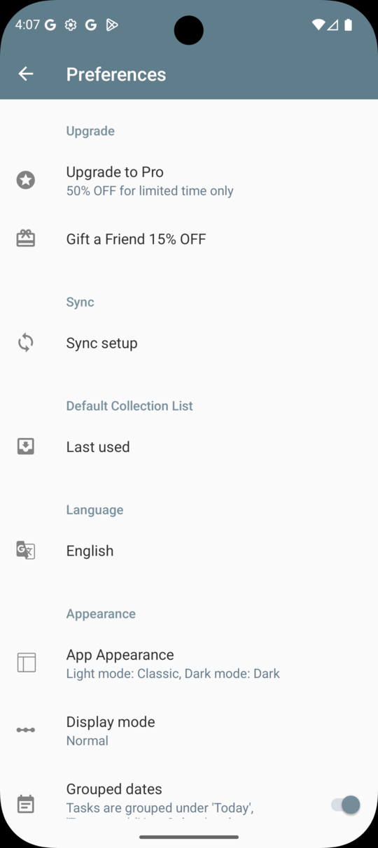 2Do Android Settings — main screen