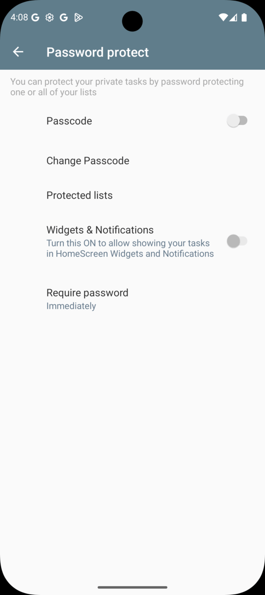 2Do Android Password Protect Lists settings