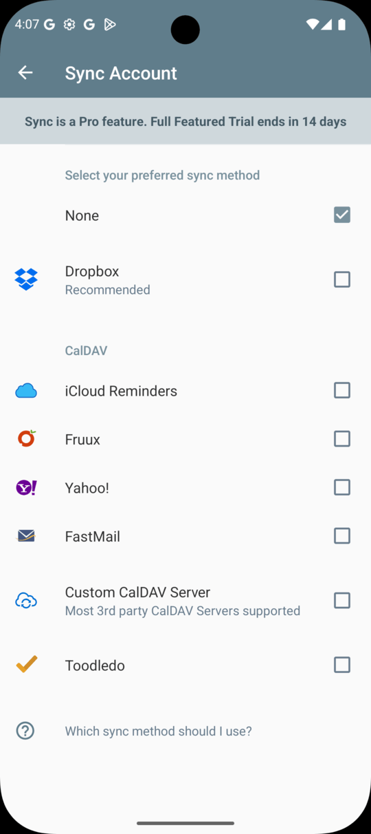 2Do Android Sync settings
