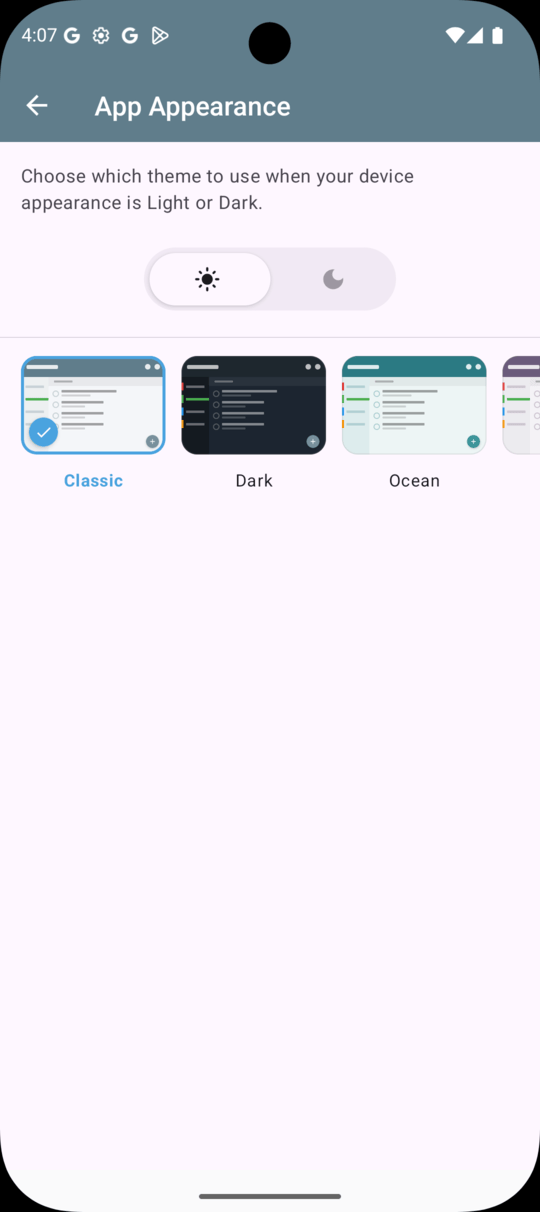 2Do Android App Appearance theme picker