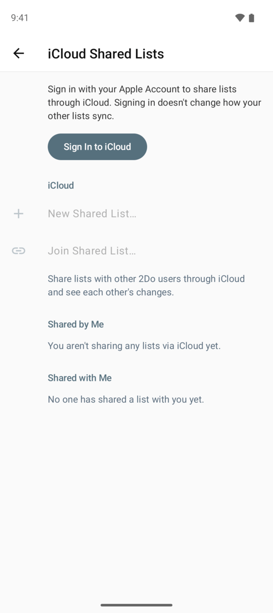 The signed-out iCloud Shared Lists screen with Sign In to iCloud and disabled New Shared List and Join Shared List controls