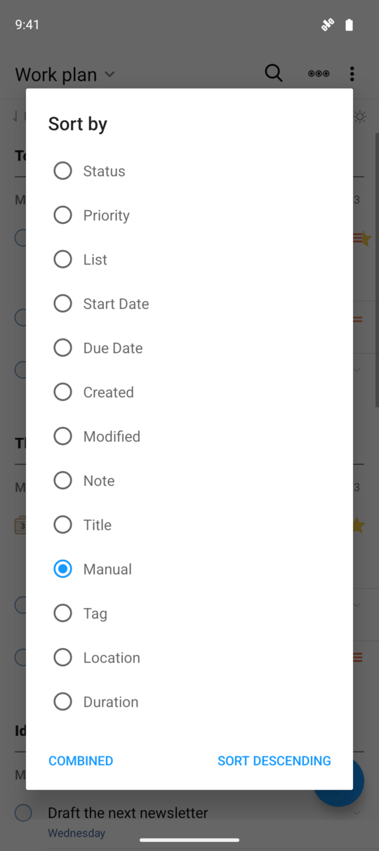 Android sorting choices for dates, priority, title, tags, locations, duration, and manual order