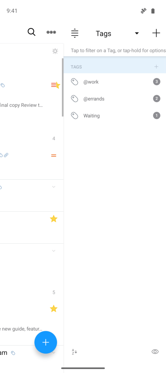 The Android Tags panel showing work, errands, and Waiting tags with task counts