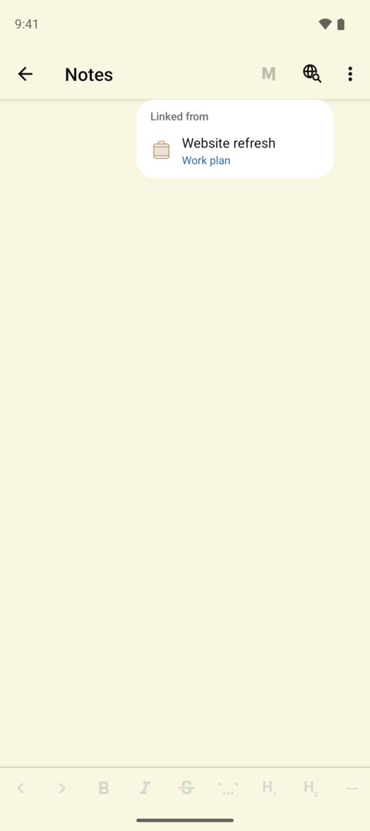 The empty notes for Review the welcome copy show Website refresh under Linked from in the Android Open Links menu