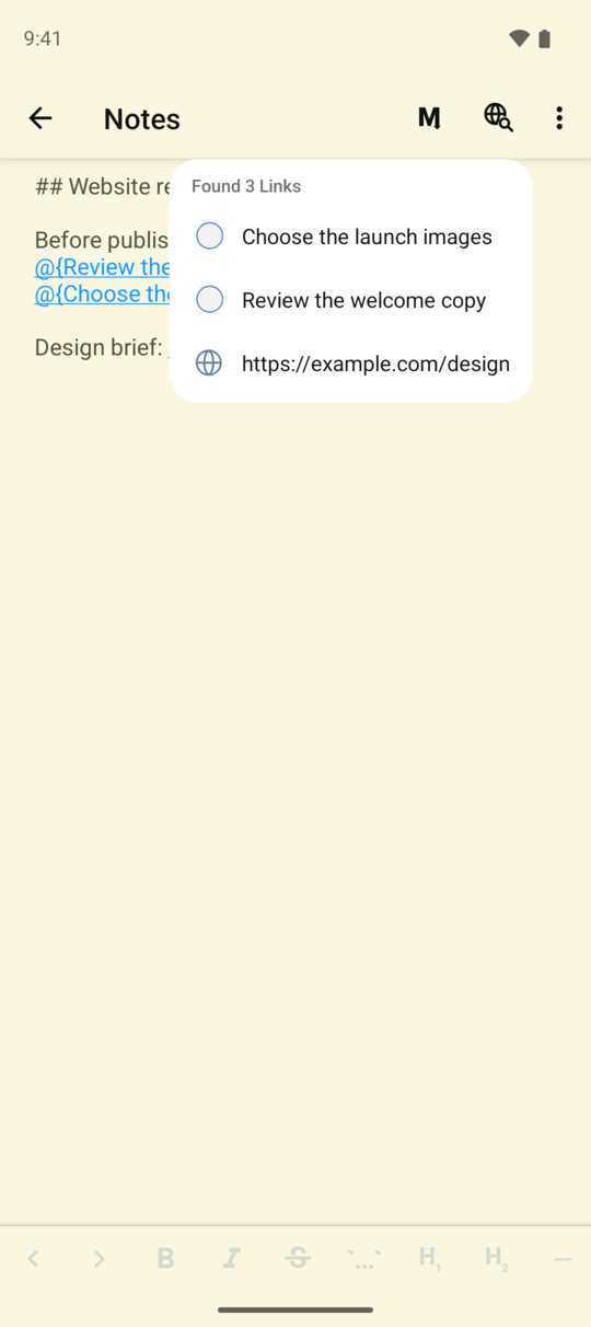 Android Open Links menu lists Choose the launch images, Review the welcome copy, and an example.com design brief