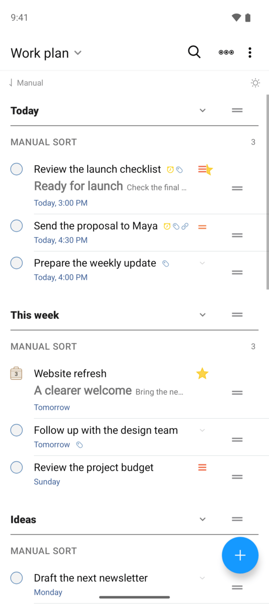 Work plan in Manual order with drag handles beside tasks and the Today, This week, and Ideas section headings