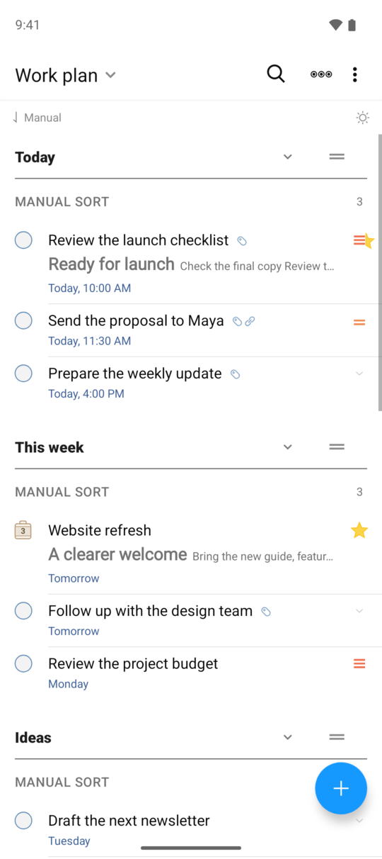 Tasks grouped into named sections in 2Do for Android