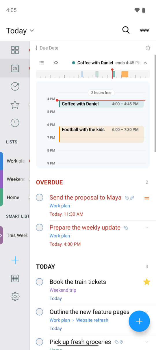 Today in 2Do for Android with the calendar day bar and timeline expanded