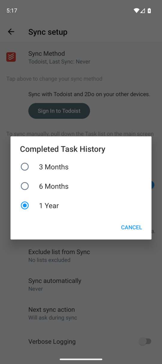 Completed Task History with choices of 3 Months, 6 Months, and 1 Year, with 1 Year selected