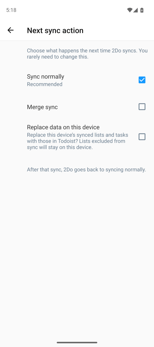 Todoist Next sync action with Sync normally selected, Merge sync, and Replace data on this device, which keeps excluded lists