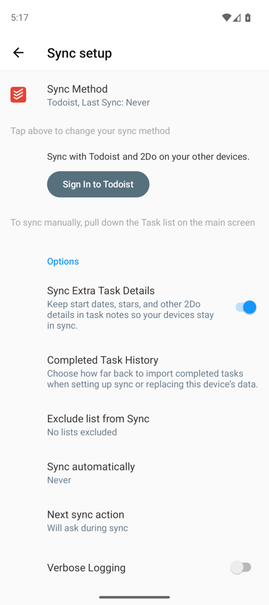 Todoist selected in Sync setup, with Sign In to Todoist and options for extra task details, completed history, exclusions, and syncing