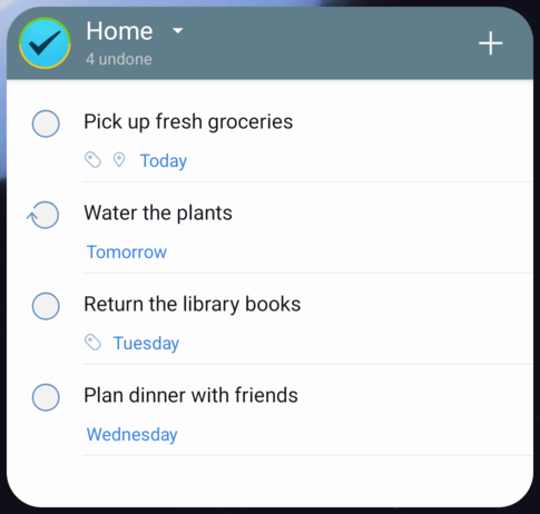 A genuine Android Home list widget showing four fictional household tasks
