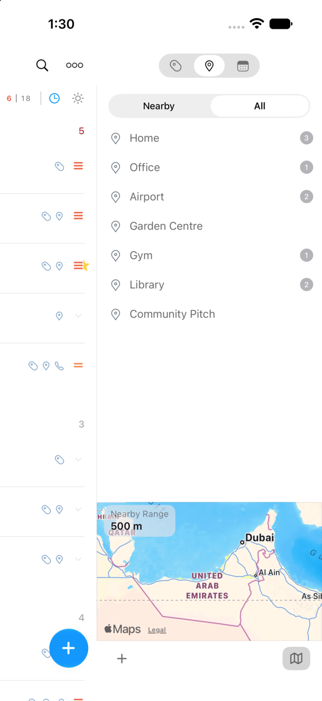 The Nearby page with a map and a list of saved locations