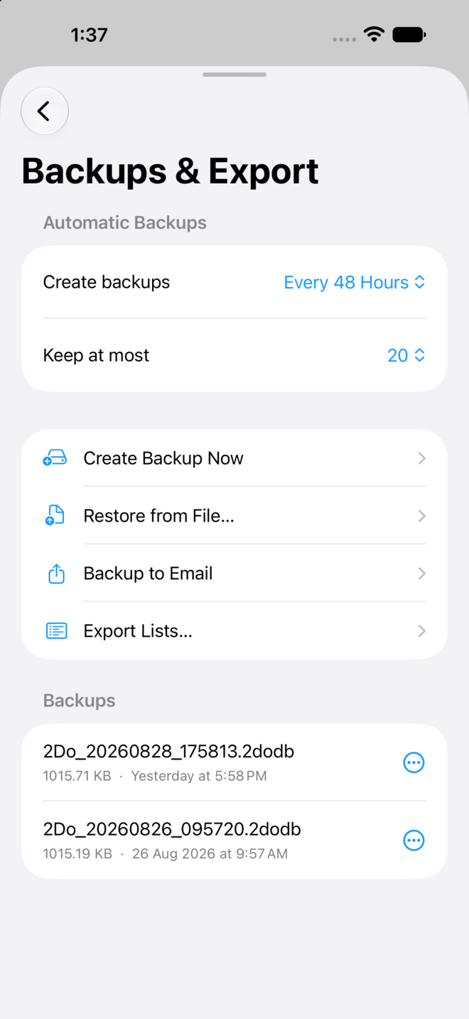 Backups and export options in 2Do
