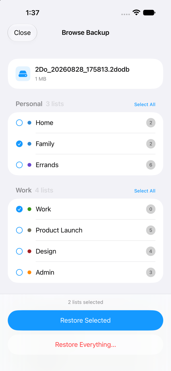 The Browse Backup screen listing the lists inside a backup, with several selected