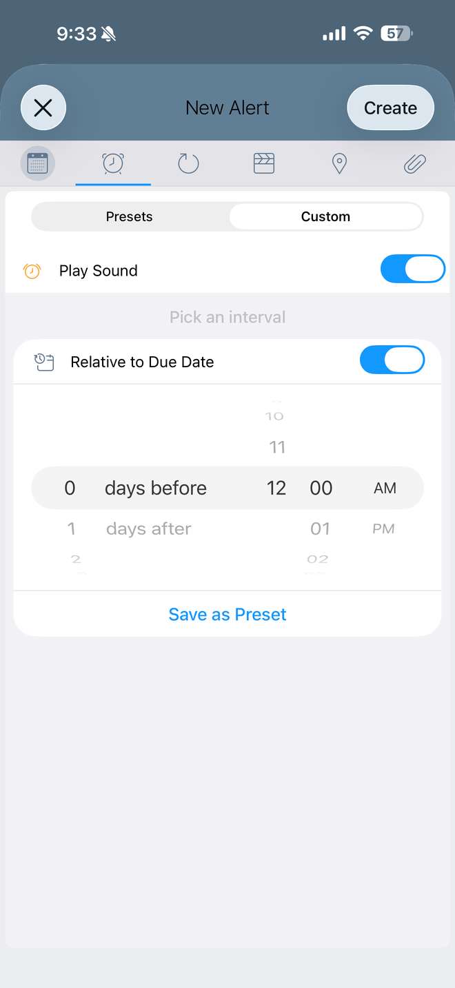 New Alert screen in the task editor