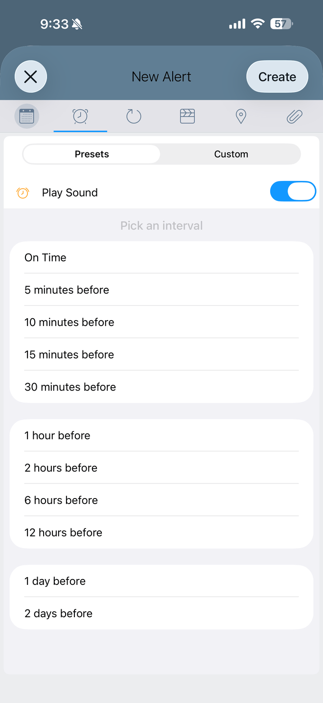 New Alert preset picker