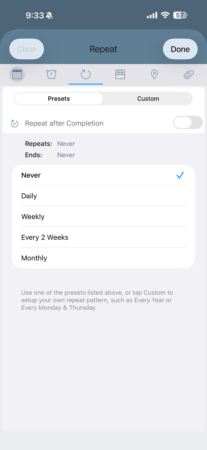 Recurrence picker in the task editor
