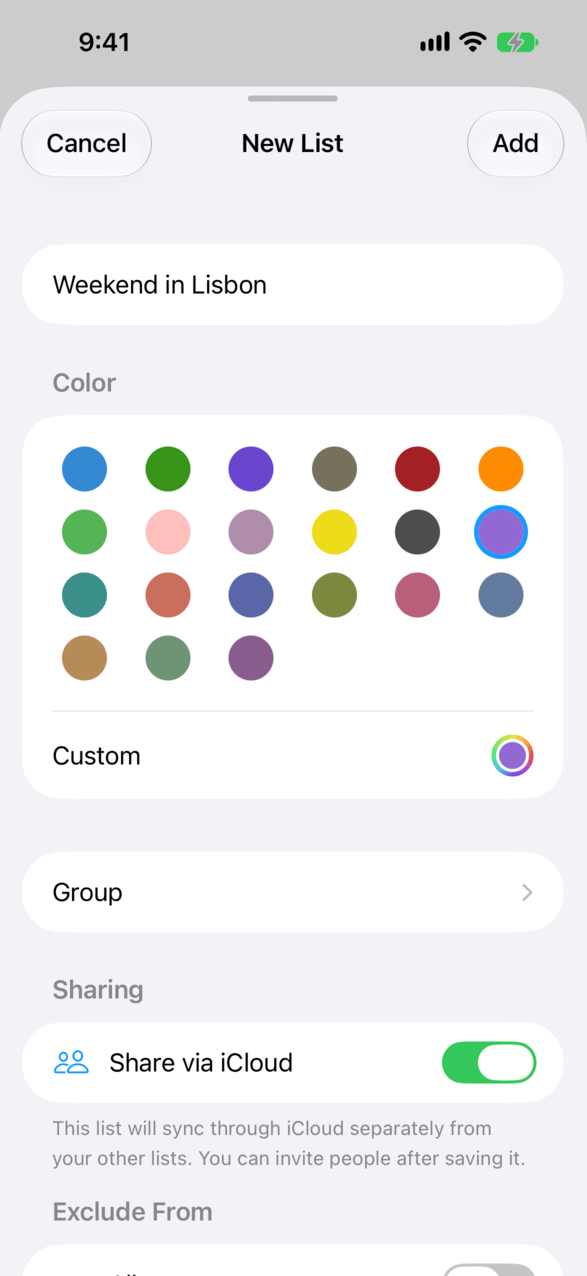 The New List screen with Share via iCloud turned on