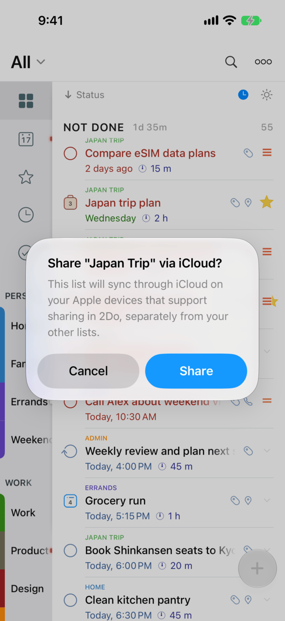 The confirmation that appears before you share a list via iCloud