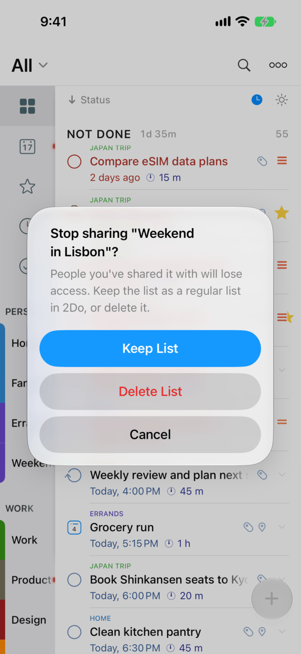 The Stop Sharing confirmation with Keep List, Delete List, and Cancel