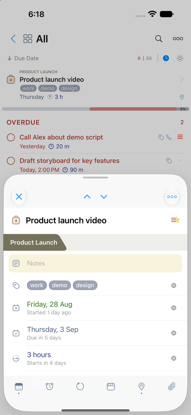 The 2Do task editor with dates, alerts, tags, and attachments