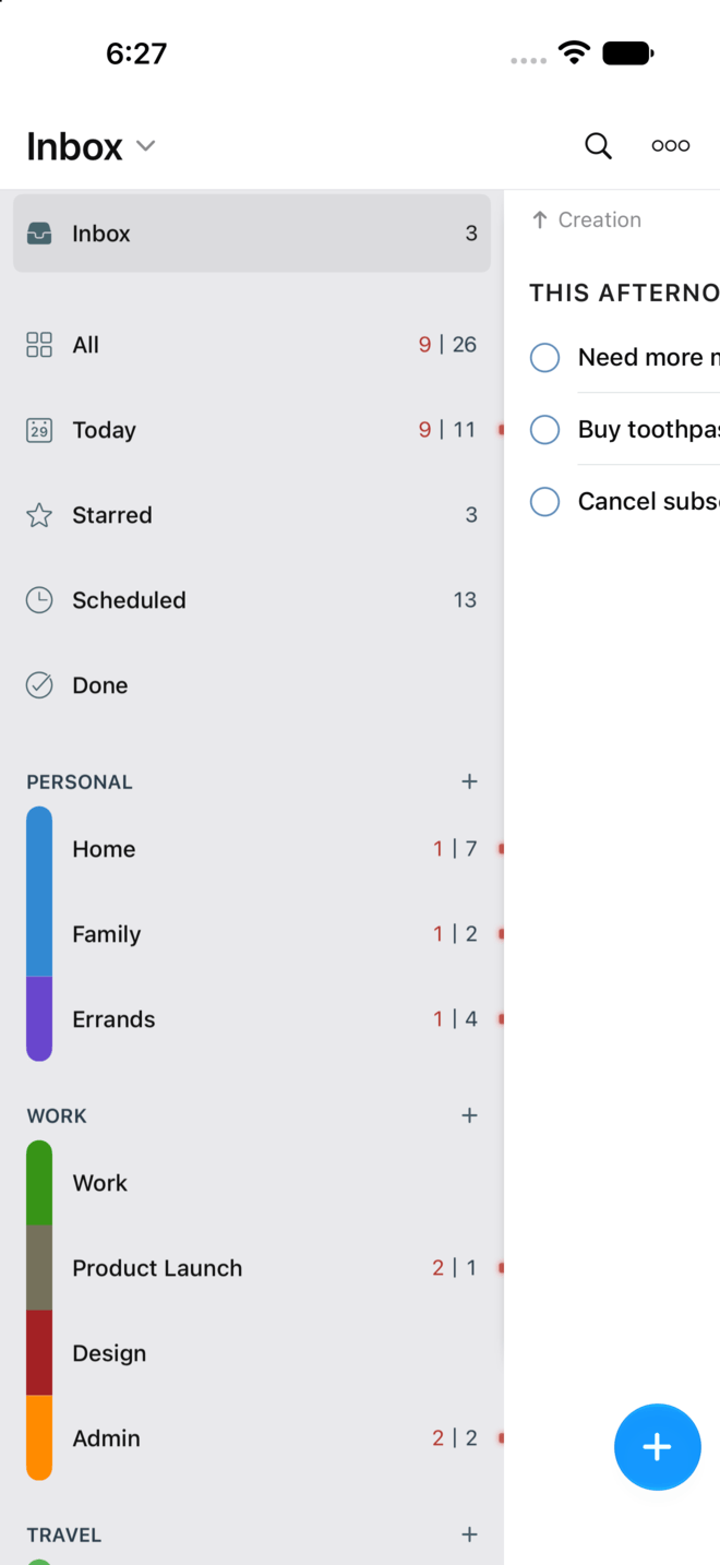 The iPhone main screen with the lists panel open beside the task list