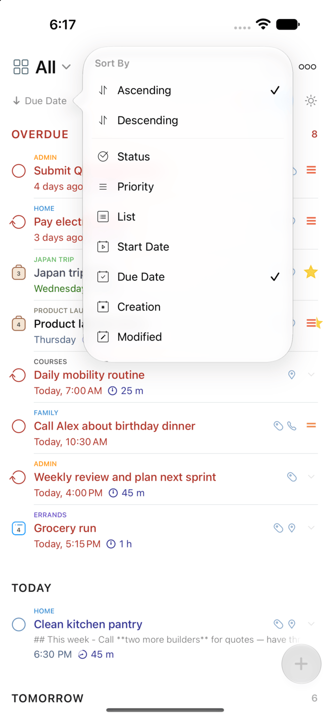 The 2Do sort menu with tasks grouped into sections on iPhone