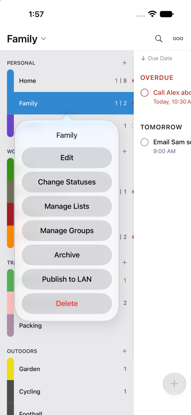 The quick actions shown after touching and holding a list