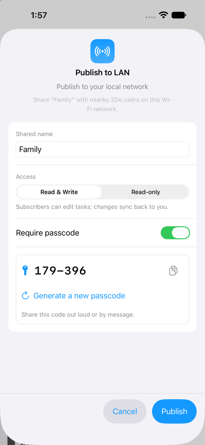 Publishing a 2Do list to the local Wi-Fi network
