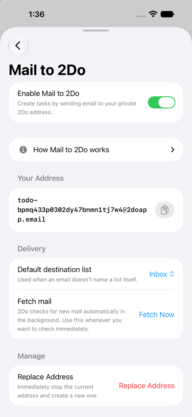 An email arriving in 2Do as a task