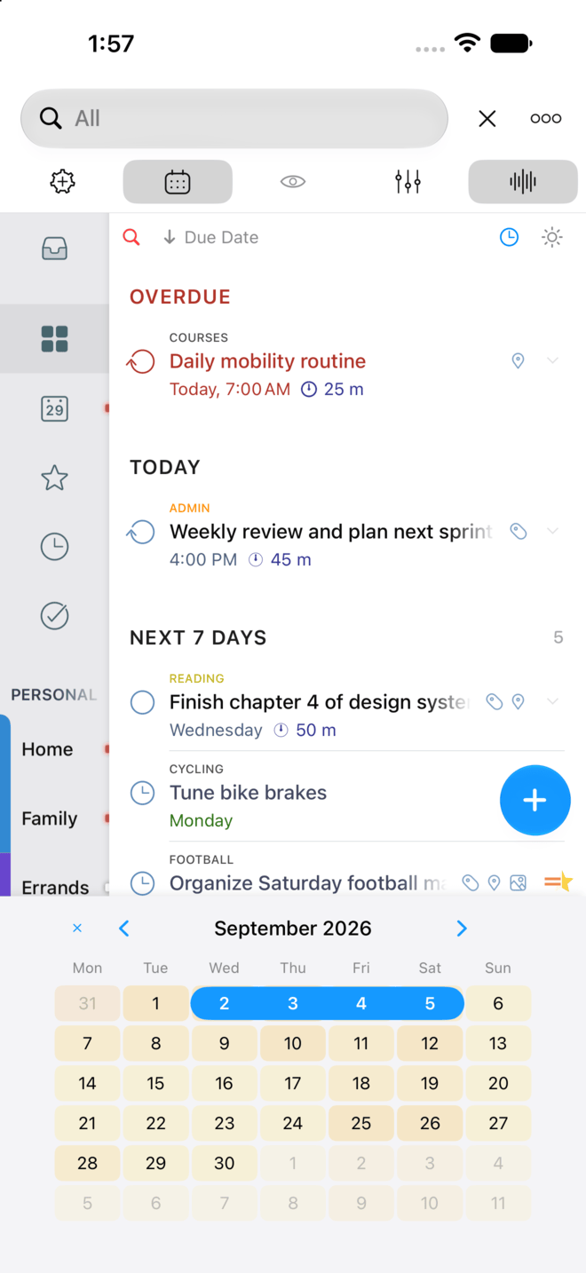 The mini calendar with a range of days selected